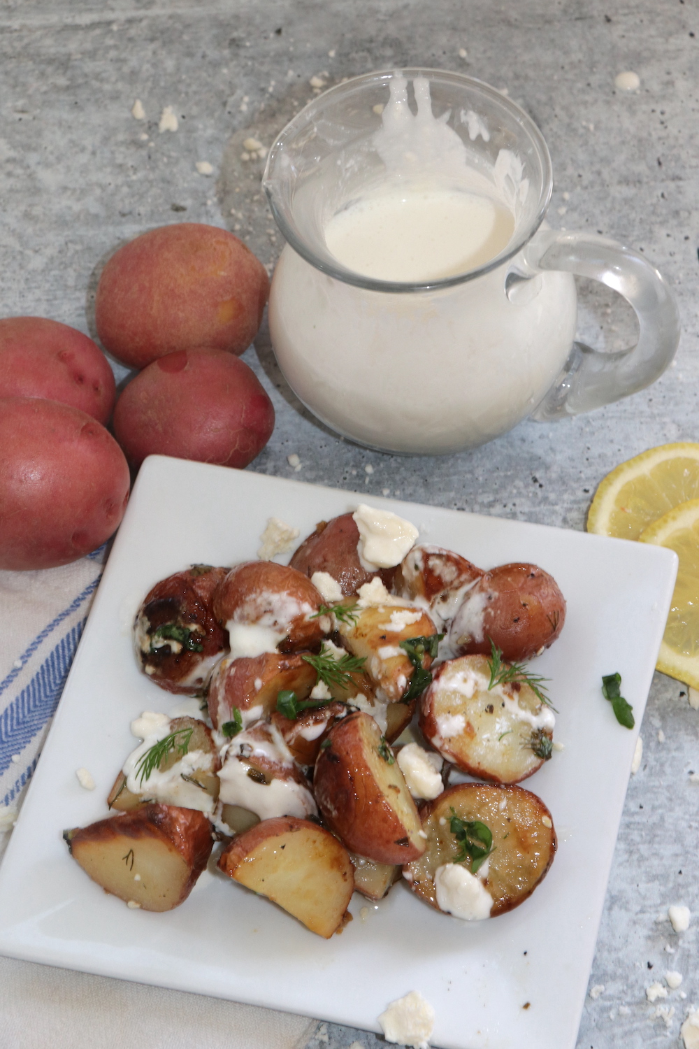Oregano Roasted Potatoes with Creamy Feta Sauce
